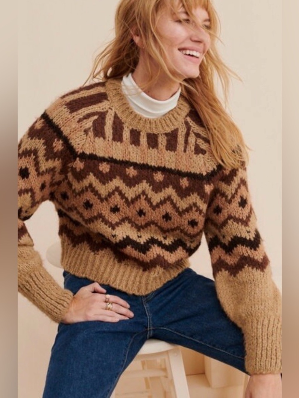 Anthropologie Patterned Crewneck Sweater in Brown